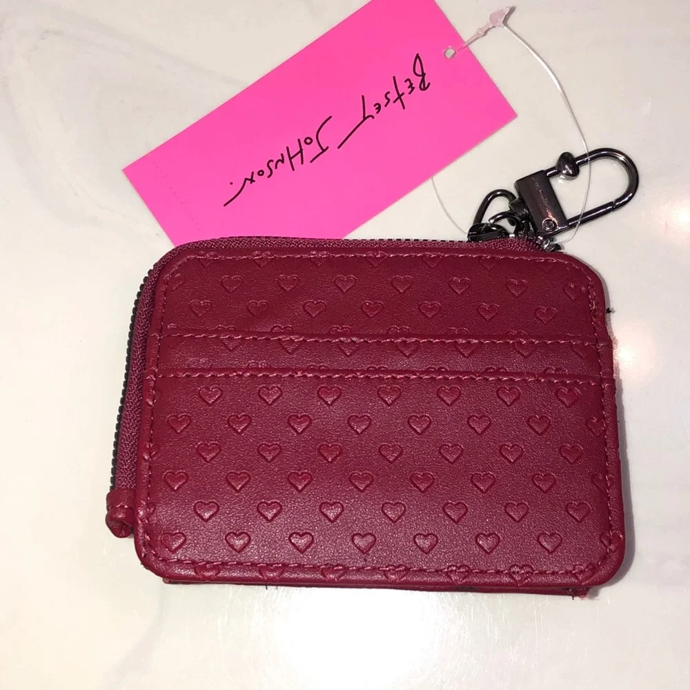 Betsey Johnson XOFRENCH L-Zip Cranberry Card Wallet Dainty Embossed Hearts NWT